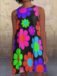 Round Neck Sleeveless Daisy Floral Printed Casual Dress