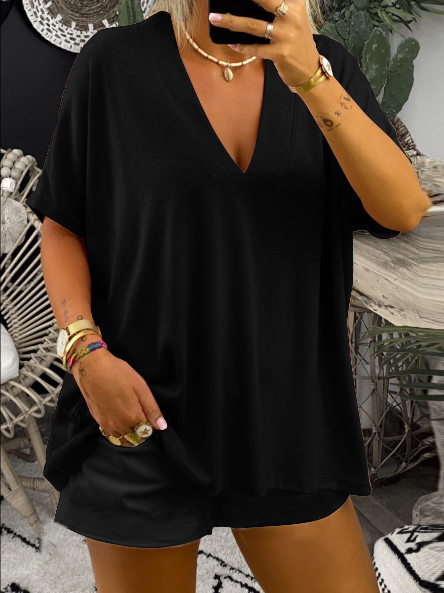 Simple Casual Loose V-Neck Short Sleeve Top Shorts Set