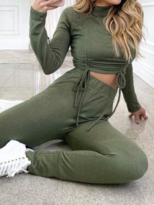 Long Sleeve Slim Drawstring Top Casual Trousers Two-piece