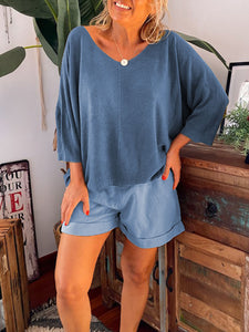 Simple Casual Loose V-Neck Top Shorts Set