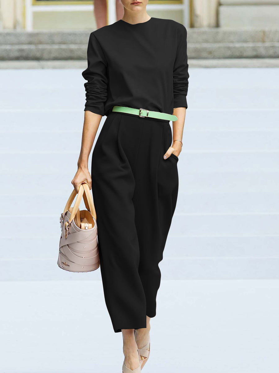 Casual Solid Color Long-sleeved Top Nine-point Pants Two-piece Suit