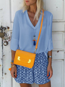 Casual Loose V Neck Top Floral Shorts Suit