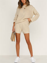 Load image into Gallery viewer, Simple Casual Loose Round Neck Long Sleeve Top Shorts Knitted Suit
