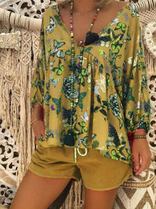 Casual Loose Long Sleeve V-Neck Butterfly Top Pants Set