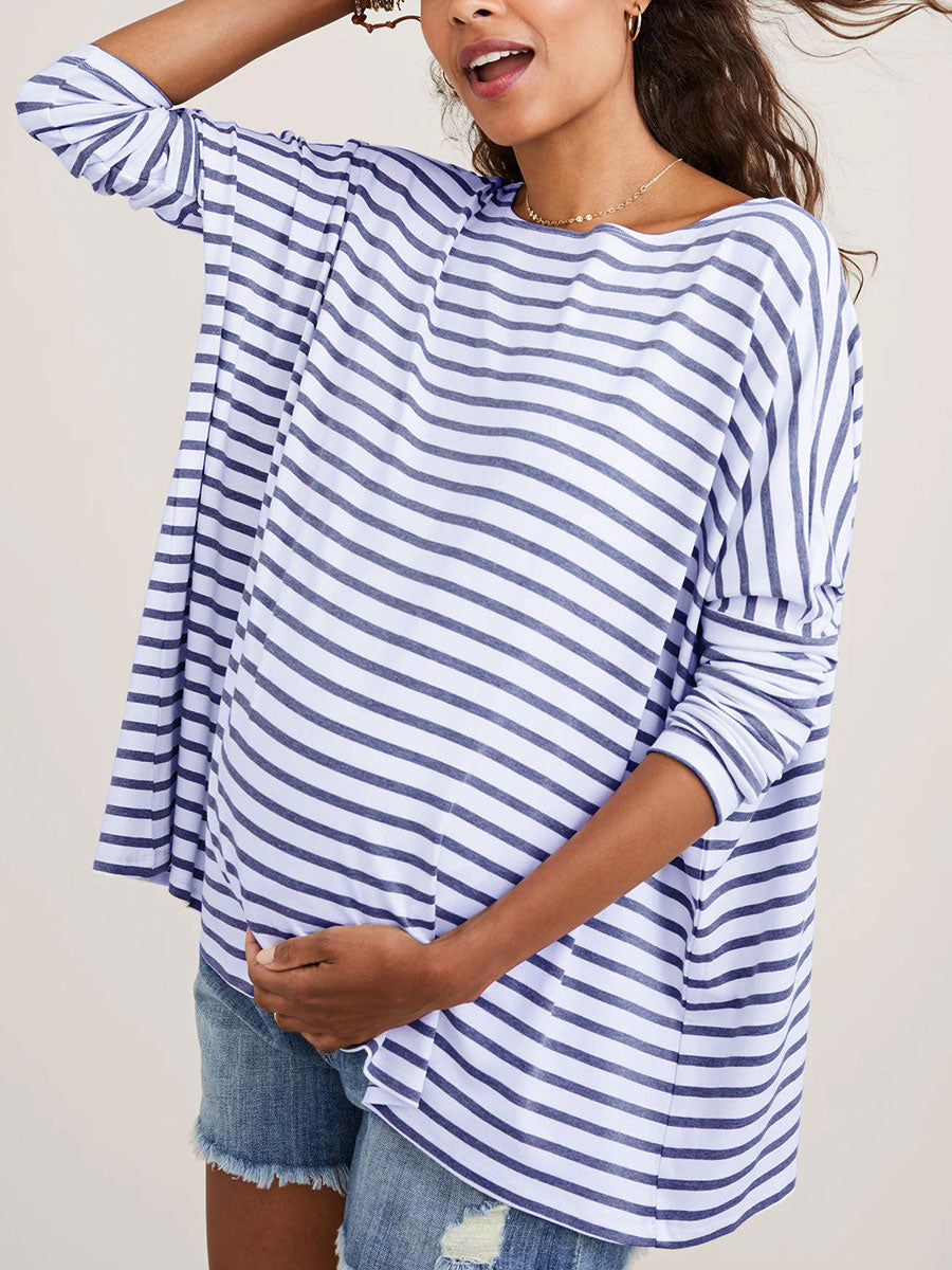 Casual Solid Color Long-sleeved Striped Printed Maternity Top