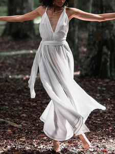 Pure Color High Waist Deep V-neck Sexy Backless Casual Maxi Dress