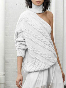 Hemp Pattern High Neck One-shoulder Casual Sweater