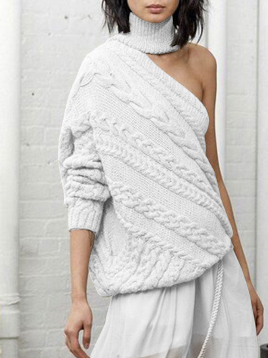 Hemp Pattern High Neck One-shoulder Casual Sweater