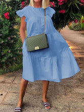 Load image into Gallery viewer, Fashionable Solid Color Round Neck Ruffle Sleeve Dress
