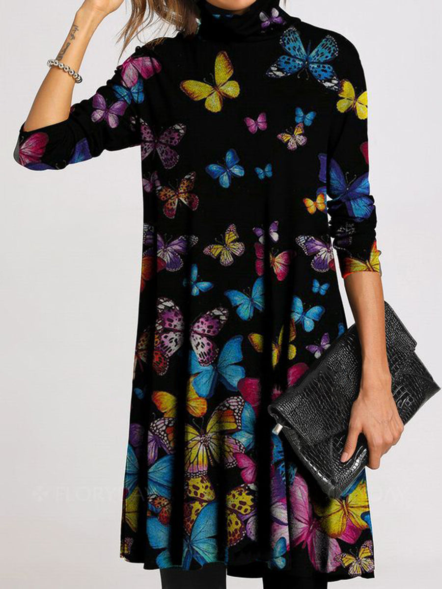 Fashion Colorful Butterfly High Neck Casual Dress