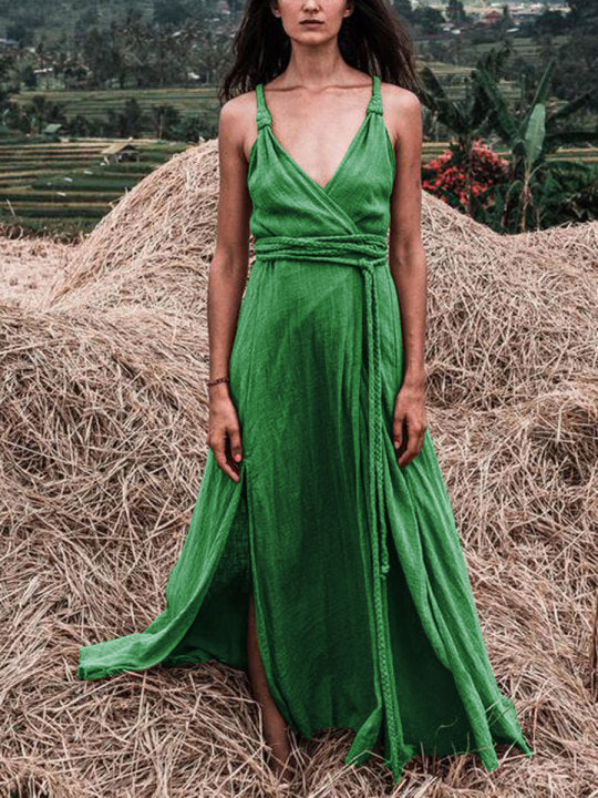 Solid Color V-neck Strap Maxi Dress