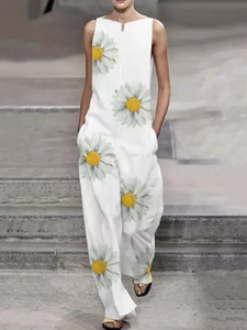 Fashion Casual Loose Daisy Printed Jumpsuit