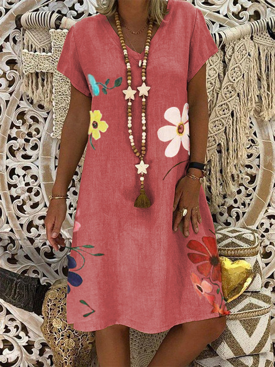 Casual Loose V-Neck Floral Dress