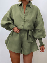 Load image into Gallery viewer, Casual Solid Color Lapel Puff Sleeve Tie Jumpsuit
