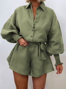 Casual Solid Color Lapel Puff Sleeve Tie Jumpsuit