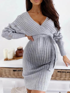 Casual V-Neck Long Sleeve Plain Knit Bodycon Maternity Dress