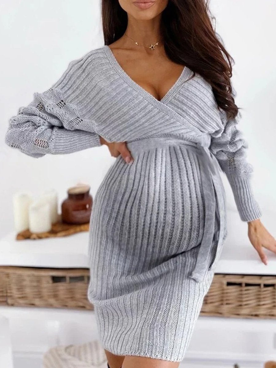 Casual V-Neck Long Sleeve Plain Knit Bodycon Maternity Dress