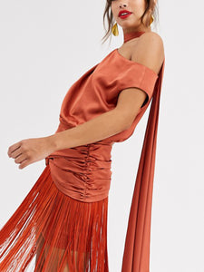 One-shoulder Fringed Evening Dress