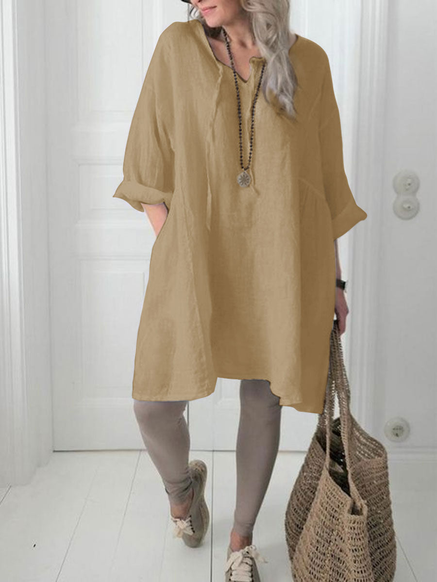Casual Cotton and Linen Long-sleeved Dress