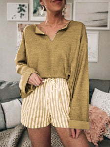 Simple Casual Loose V-Neck Top Striped Shorts Set