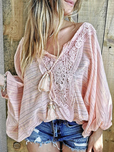 Casual Loose Lace Stitching Long Sleeve Top