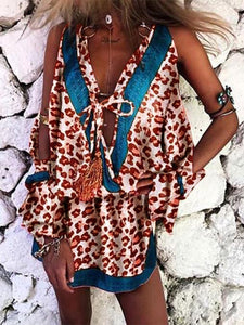 Bohemian Leopard Print V-Neck Mini Dress