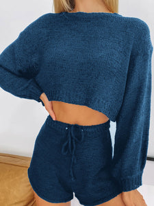 Pure Color Tops Casual Shorts Knit Set