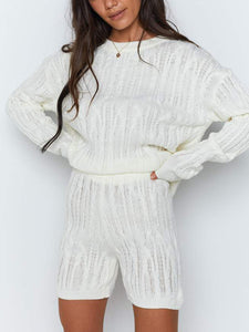 Long Sleeve Sweater Casual Shorts Knit Set