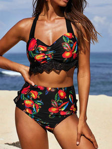 Printed Halter Lace Stitching Bikini Set