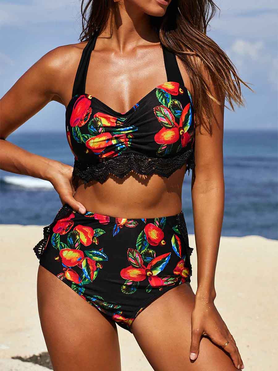 Printed Halter Lace Stitching Bikini Set
