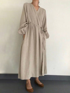Solid Color Wild Fashion V-neck Long Sleeve Dress