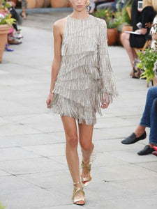 Fashion One-shoulder Shiny Tassel Evening Dress