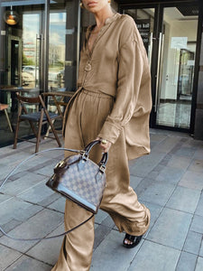 Casual Solid Color Long Sleeve V-neck Two-piece Suit