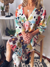 Load image into Gallery viewer, Mid-Calf Print Three-Quarter Sleeve Pullover Color Block Dress
