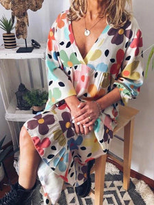 Mid-Calf Print Three-Quarter Sleeve Pullover Color Block Dress