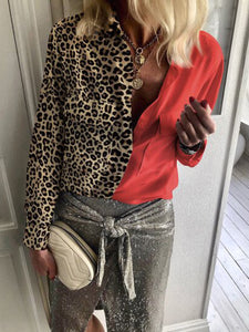 Retro Casual Loose Long Sleeve Leopard Colorblock Shirt