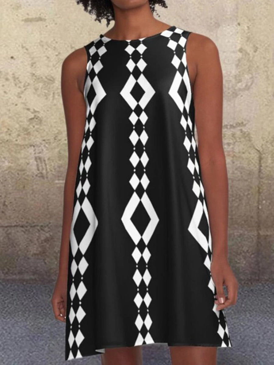 Geometric Pattern A-line Retro Print Pocket Casual Dress