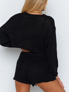 Pure Color Tops Casual Shorts Knit Set