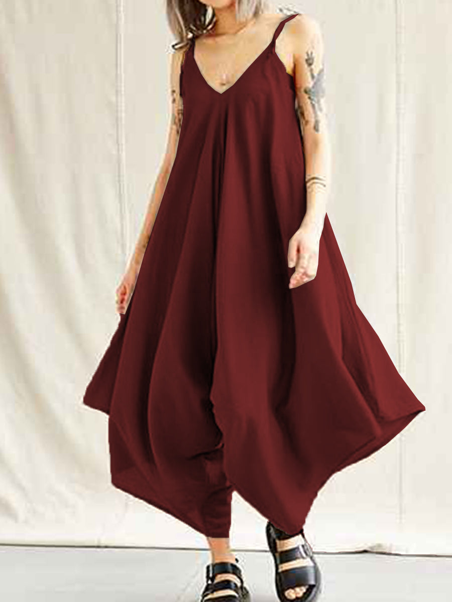 Casual Loose Solid Color V-Neck Sling Jumpsuit