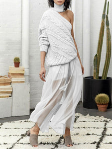 Hemp Pattern High Neck One-shoulder Casual Sweater