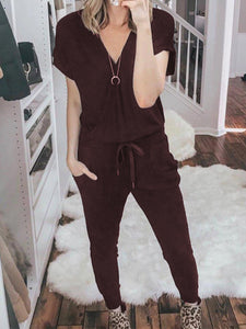 Short Sleeve Solid Color Pockets Lounge Set
