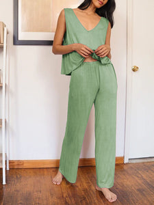 Simple Casual Loose V Neck Top Pants Set