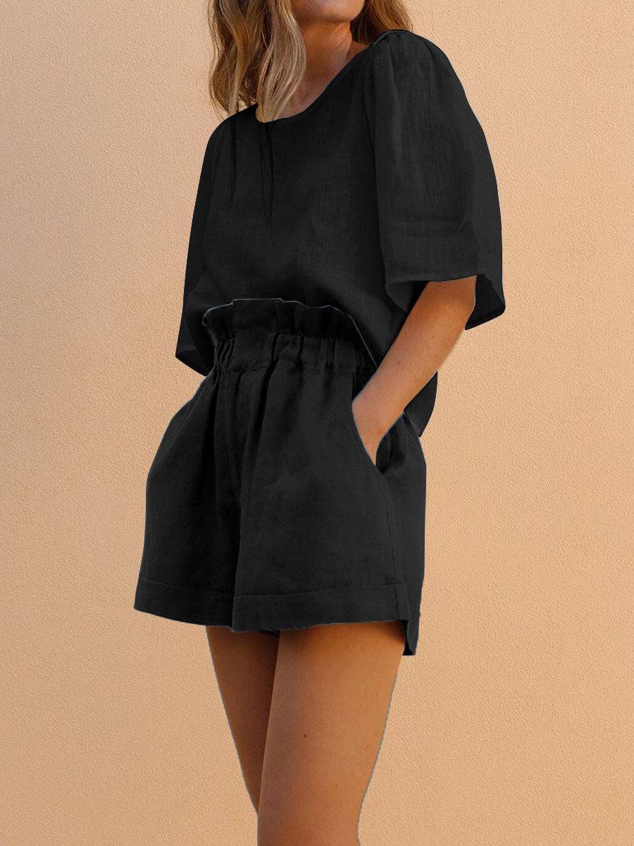 Short-sleeved Top and High-waist Shorts Women's Suit