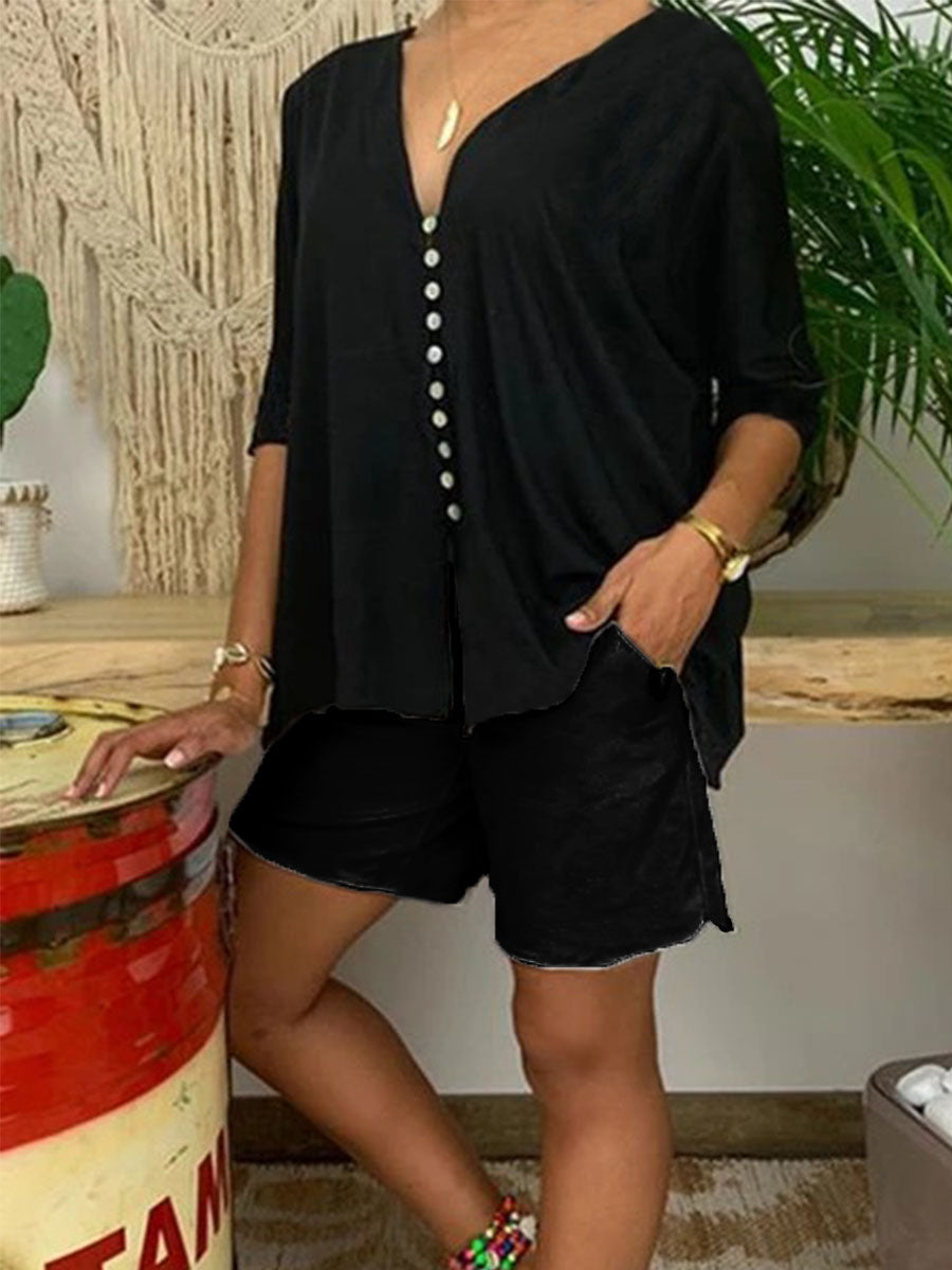 Simple Casual Loose V Neck Top Shorts Set