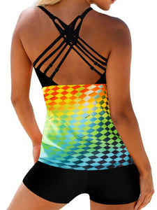 Multicolor Back Cross Strap Printed Tankini Set