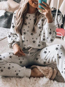 Simple Casual Loose Top Pants Star Print Set