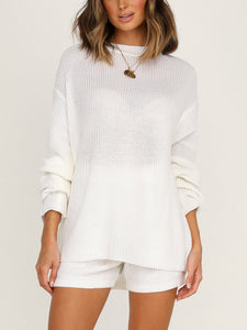 Simple Casual Loose Round Neck Long Sleeve Top Shorts Knitted Suit