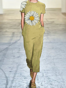 Fashionable Loose Casual Daisy Printed Short Sleeve Jumpsuit