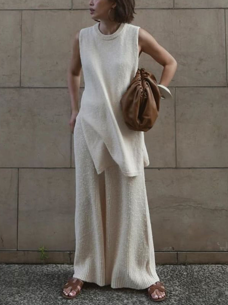 Solid Color Knitted Sleeveless Suit