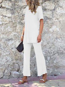 Fashionable Simple Round Neck Short Sleeve Top Pants Knitted Suit